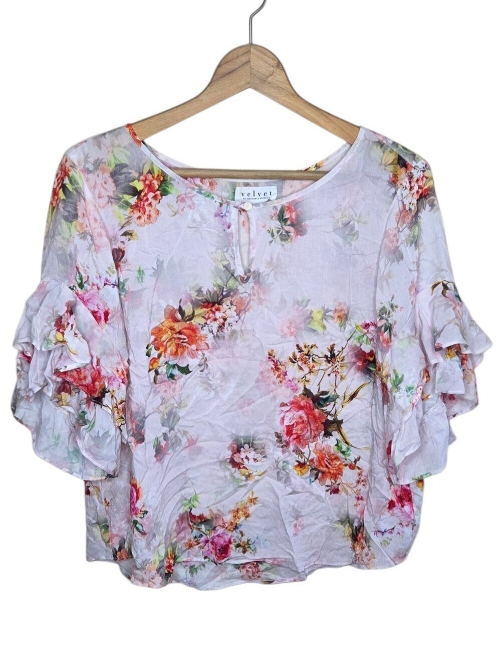 Velvet by Graham & Spencer Floral Blouse Flutter Ruffle Sleeves Size Medium